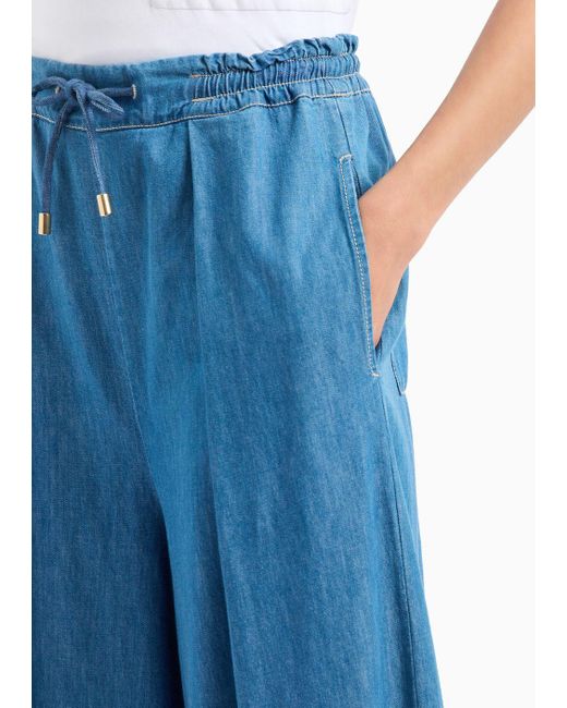 Pantalones Anchos Con Cordón En Denim Claro Emporio Armani de color Blue
