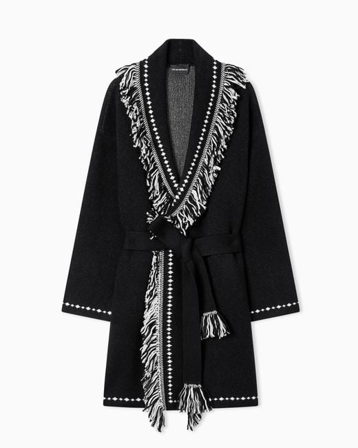 Emporio Armani Black Oversized Cardigan With Fringed Edges And Jacquard Motif