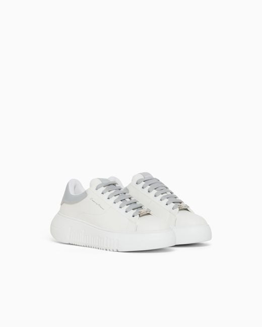 Emporio Armani White Smooth Leather Sneakers Icon With A Thick Textured Sole