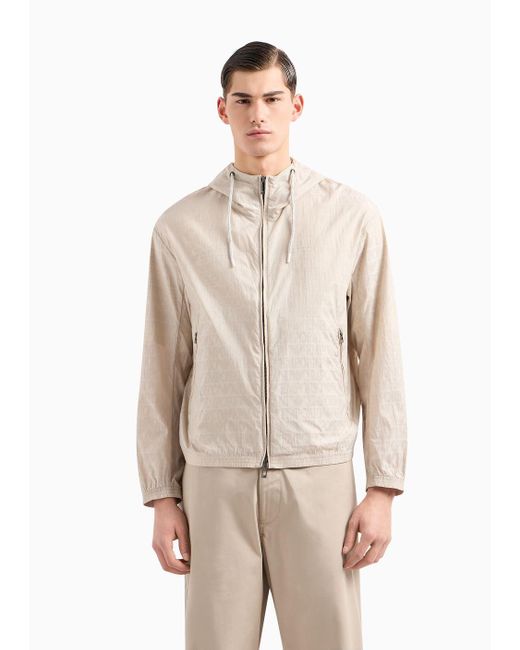 Emporio Armani Natural Lightweight Nylon, Hooded Zip-up Blouson With All-over Jacquard Lettering for men