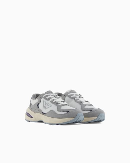 Emporio Armani White Mesh Sneakers With Suede Details And An Eagle Logo