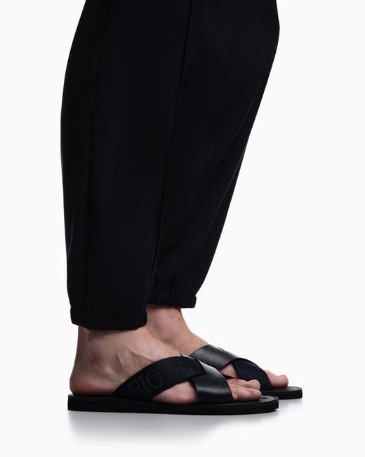 Emporio Armani White Leather Cross-Over Sandals With Logo Tape for men