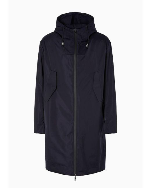 Emporio Armani Blue Travel Essentials Full-zip Reversible Trench Coat With Hood In Satin-effect Technical Fabric for men