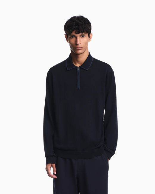 Emporio Armani Blue Travel Essential Smooth Wool Polo Collar Sweater for men