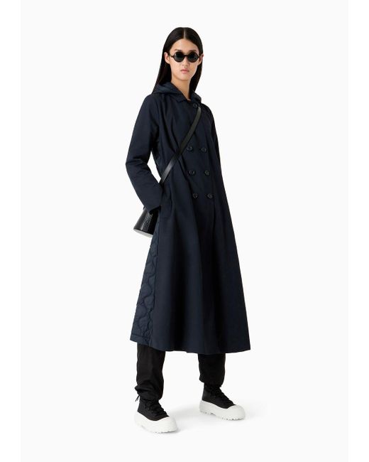 Emporio Armani Blue Long Double-breasted Trench Coat In Water-repellent Technical Cotton With Matelassé Back