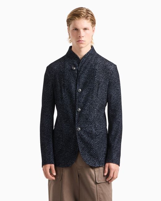 Emporio Armani Jacke Mit Grandad-Kragen Aus Geflocktem Mesh Mit Chevron-Motiv in Blue für Herren