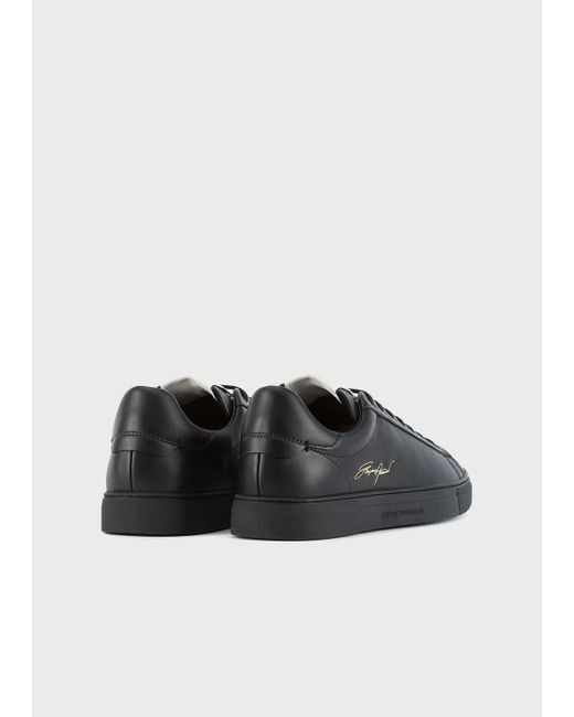 Emporio Armani Black Leather Sneakers With Gold Signature Logo for men