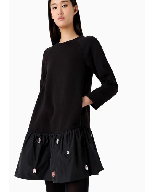 Emporio Armani Black French Terry Jersey-fleece Dress With A Taffeta Frill And Cabochon Gemstones