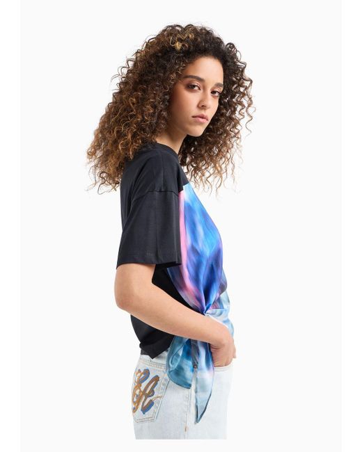 Emporio Armani Blue Asv Organic-jersey T-shirt With Multicoloured Insert
