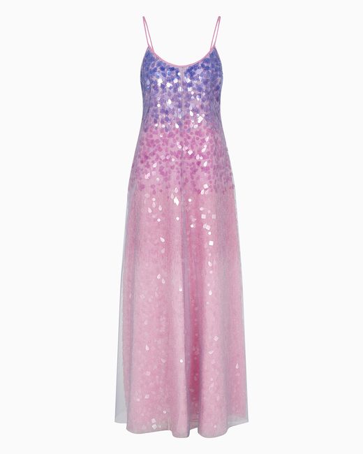 Emporio Armani Purple Silk Organza Dress With Gradient Shade Motif And All-Over Bead And Sequin Embroidery