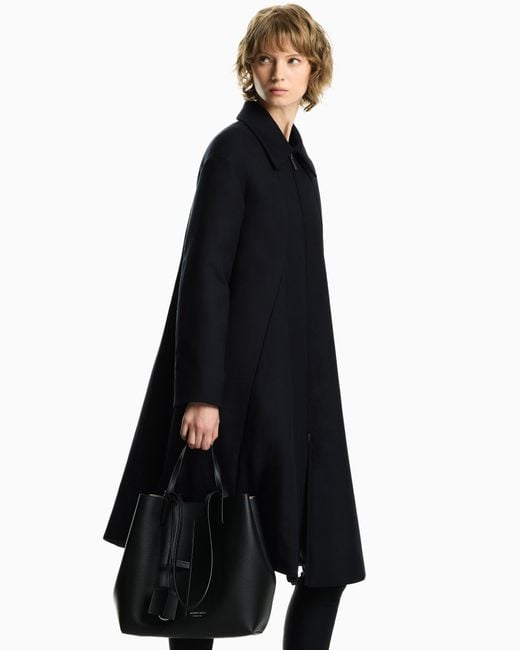 Emporio Armani Black Mixed Wool Twill Coat With Front Zip And Pointed Collar