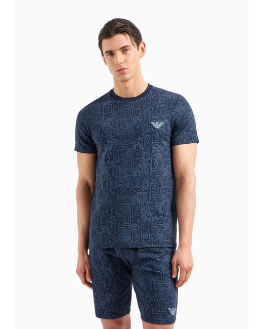 Emporio Armani Blue Loungewear T-shirt With All-over Logo Lettering for men