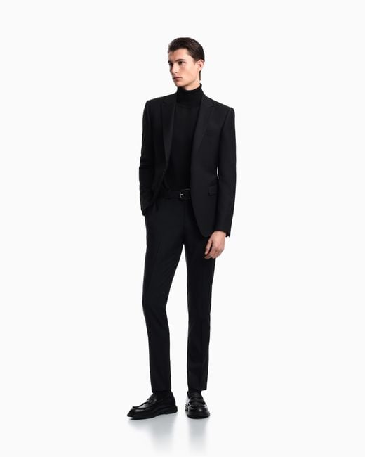 Emporio Armani Blue Plain Worsted Wool Single-Breasted Jacket for men