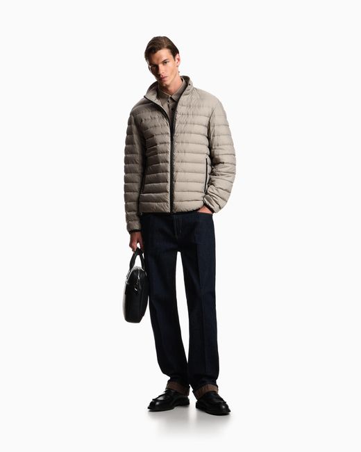 Emporio Armani Gray Quilted Down Jacket With All-Over Jacquard Logo Essential for men
