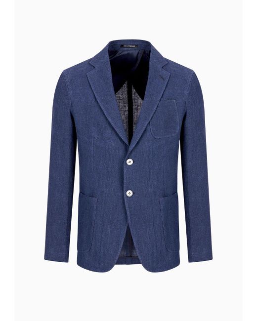 Emporio Armani Blue Single-breasted Jacket In Faded Linen With A Crêpe Texture for men