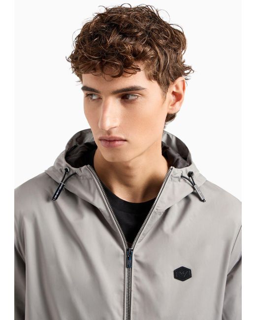 Emporio Armani Gray Hooded, Water-repellent Nylon Blouson With Logo Patch for men