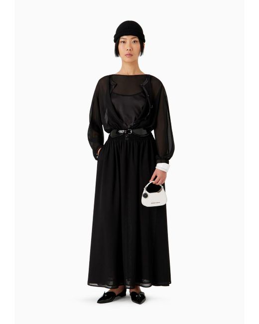 Vestido Largo De Georgette Con Cintura Fruncida Emporio Armani de color Black