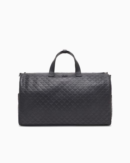 Emporio Armani Black Leather Duffel Bag With All-Over Embossed Eagle for men