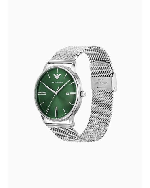 Emporio Armani Green Three-hand Date Stainless Steel Mesh Watch for men