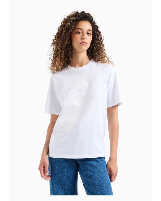 Emporio Armani White Asv Organic Heavyweight Jersey T-shirt With Sequin Logo Print And Embroidery