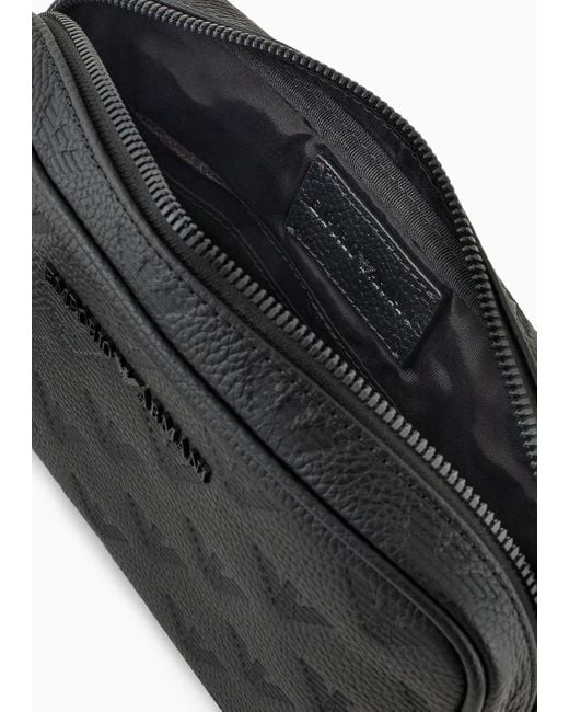 Emporio Armani Black Leather Washbag With All-over Embossed Eagle for men