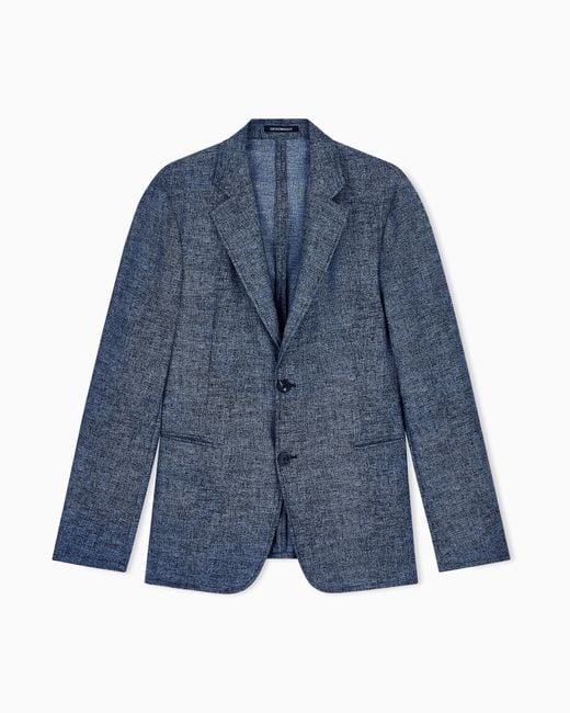 Emporio Armani Blue Unlined Tailored Wool Blazer With A Jacquard Micro Design for men