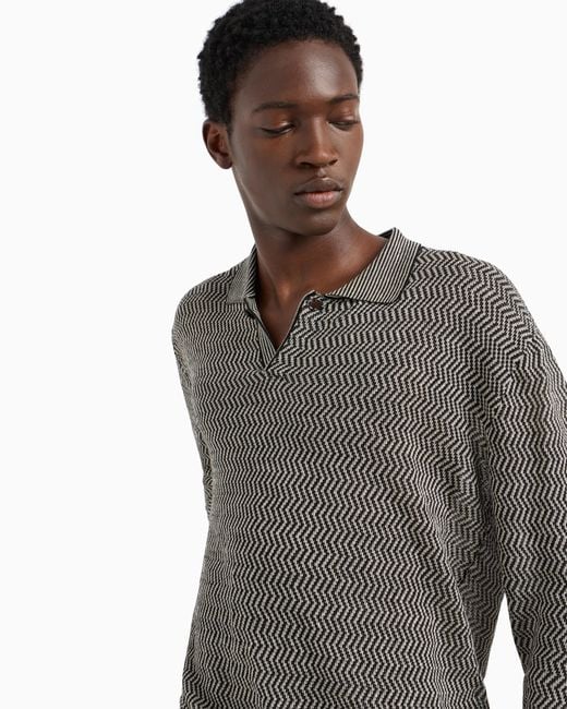 Emporio Armani Gray Asv Linen And Lyocell-Blend Polo-Collar Jumper With Chevron Motif for men