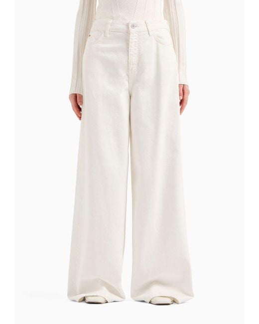 Emporio Armani White J1c Medium-high Rise, Wide-leg Jeans In Cotton Drill With Embroidery