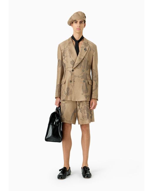 Emporio Armani Natural Cotton Crêpe, Double-breasted Jacket With A Crocheted Ginkgo Motif for men