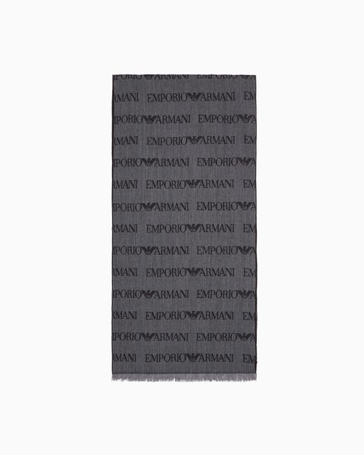 Emporio Armani Gray Virgin-Wool Blend Scarf With Jacquard Logo Lettering And Fringes for men