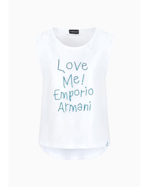Emporio Armani White Asv Embroidered Organic Jersey Top With Organza Insert