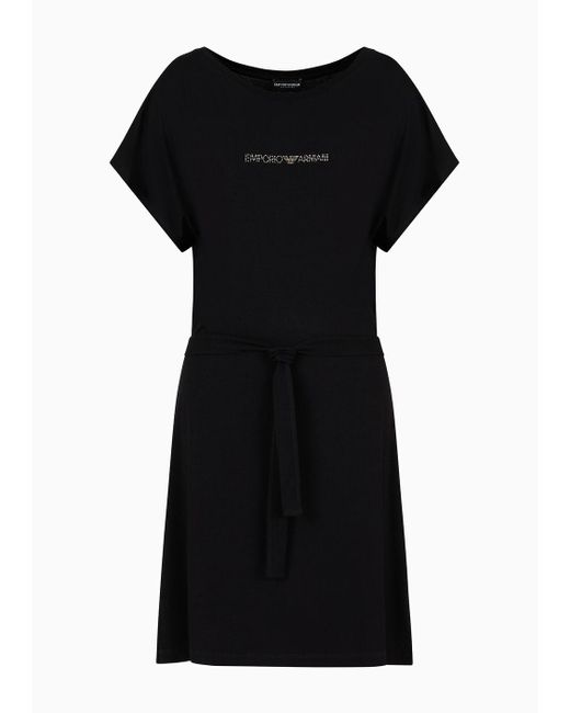 Emporio Armani Black Stretch-viscose Beachwear Dress With Micro-studded Logo And Sash