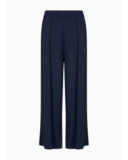 Emporio Armani Blue Loose-fit Loungewear Trousers In Fluid Viscose With Studded Eagle Logo