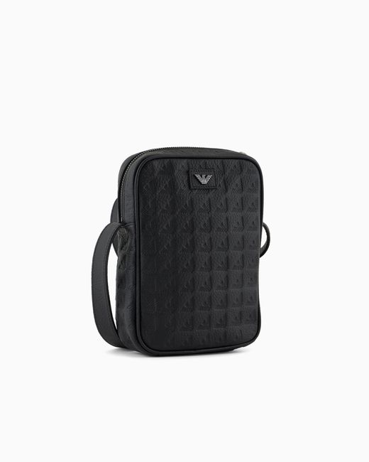 Emporio Armani Black Leather Tech Case With All-Over Embossed Eagle for men