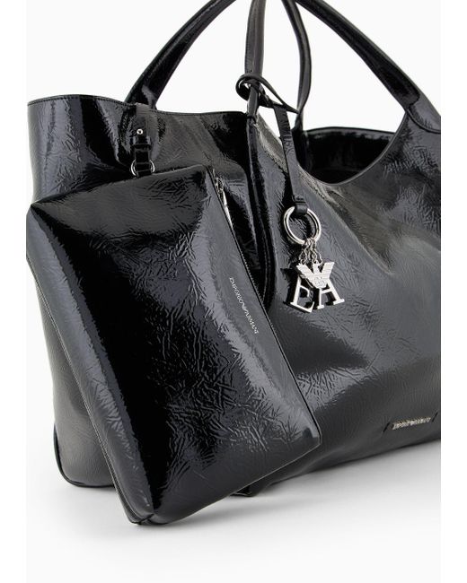 Emporio Armani Black Oversized Naplack-effect Shopper Bag With Logo Charm