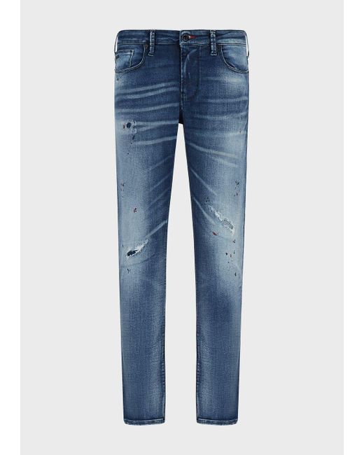 Emporio Armani Blue J06 Slim-fit Worn-wash Denim Jeans With Rips And Splatters for men