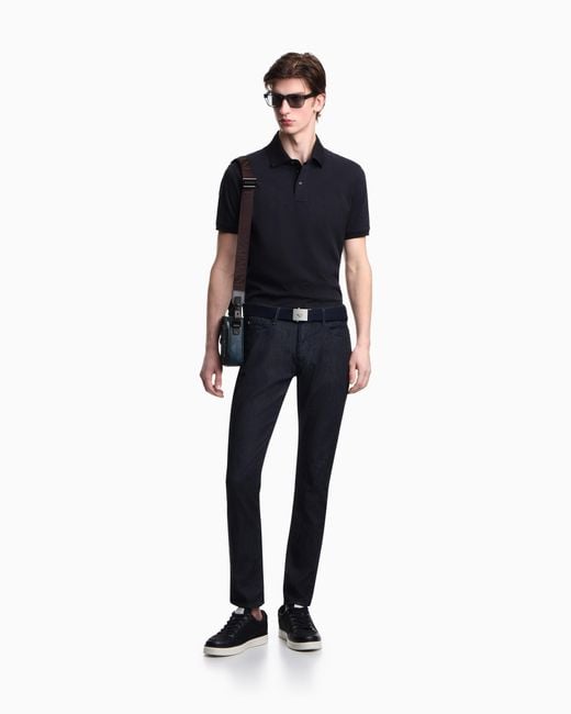 Emporio Armani Blue Slim-Fit Jersey Polo Shirt With All-Over Jacquard Eagle for men
