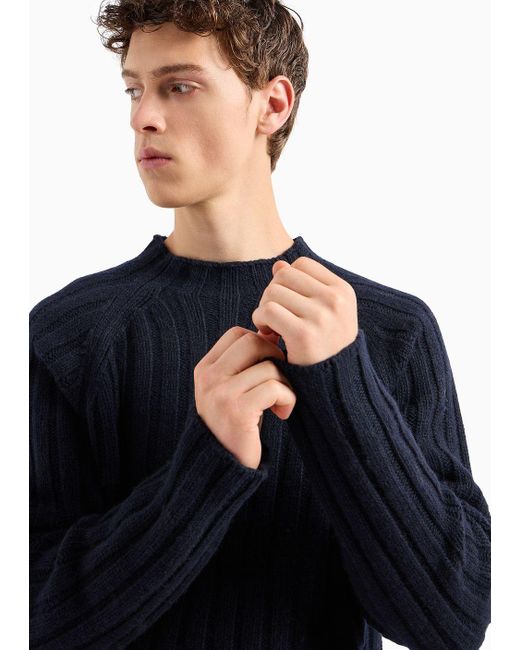 Emporio Armani Blue Asv Capsule Mock-neck Jumper In A Ribbed Recycled Wool Blend for men