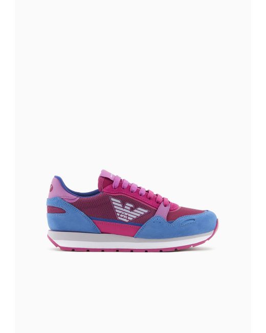 Emporio Armani Purple Mesh Sneakers With Suede Details And Eagle Patch