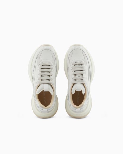 Emporio Armani White Leather Sneakers With Velvet Details And A Signature Logo