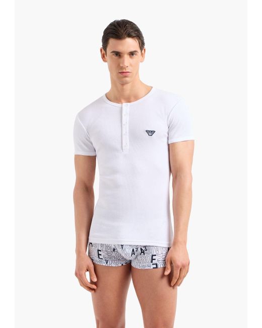 Emporio Armani White Slim-fit Henley Loungewear T-shirt In Ribbed Cotton With Eagle Micro Patch for men