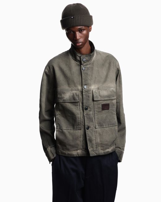 Emporio Armani Green Garment-Dyed, Dirty-Wash Stretch-Denim Jacket for men