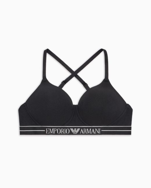 Sujetador Bralette Acolchado De Algodón Orgánico Con Banda Con Logotipo Asv Emporio Armani de color Black