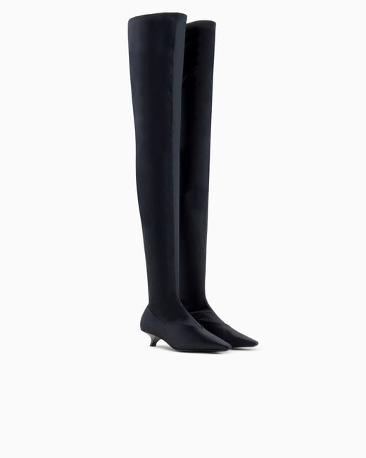 Emporio Armani White Stretch-Satin Thigh-High Boots With A Kitten Heel