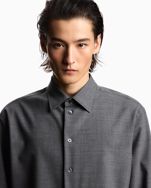 Emporio Armani Gray Soft-Finish Virgin-Wool Canvas Shirt for men