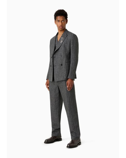 Emporio Armani Black Modern-fit Double-breasted Suit In A Mouliné Linen Blend With Pinstripes for men