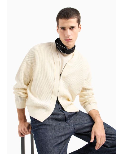 Emporio Armani Natural Fisherman's Rib Virgin-wool Blend V-neck Cardigan With Zip for men