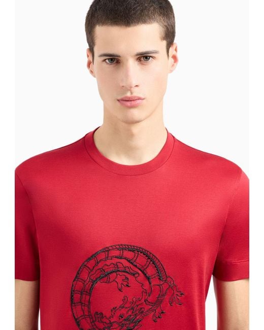 Camiseta De Punto De Mezcla De Lyocell Con Bordado De Dragón Del Armani Sustainability Values Emporio Armani de hombre de color Red