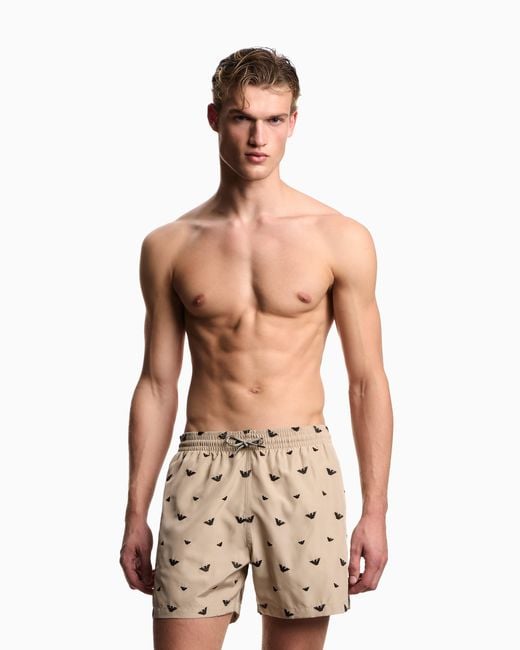 Emporio Armani Natural Swim Shorts With All-Over Micro Eagle Embroidery for men