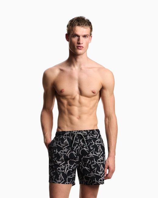 Emporio Armani Blue Swim Shorts With All-Over Logo for men